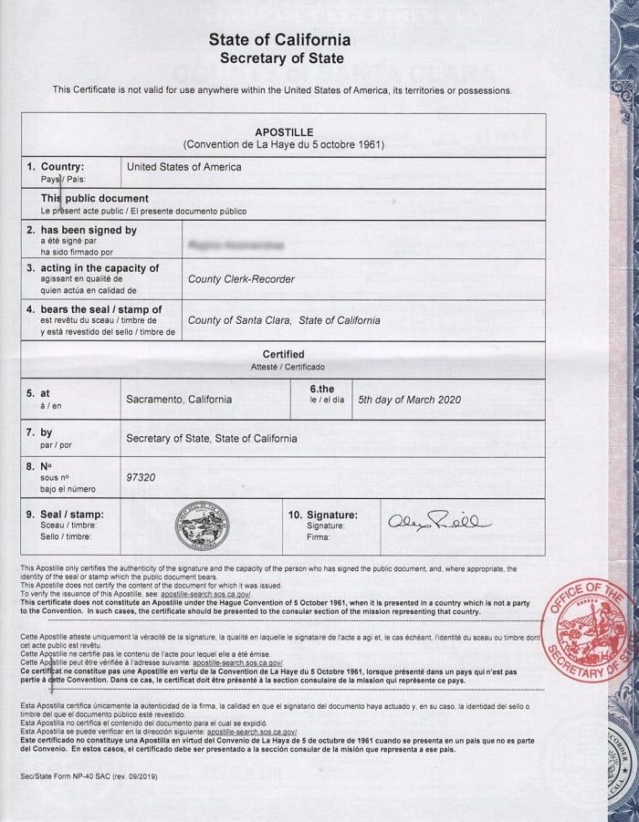 Example of a California apostille certificate issued by the Secretary of State